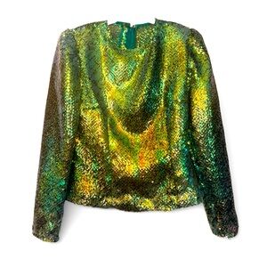 Vintage Victor Costa Sequined Blouse, Disco, Mermaid, Iridescent